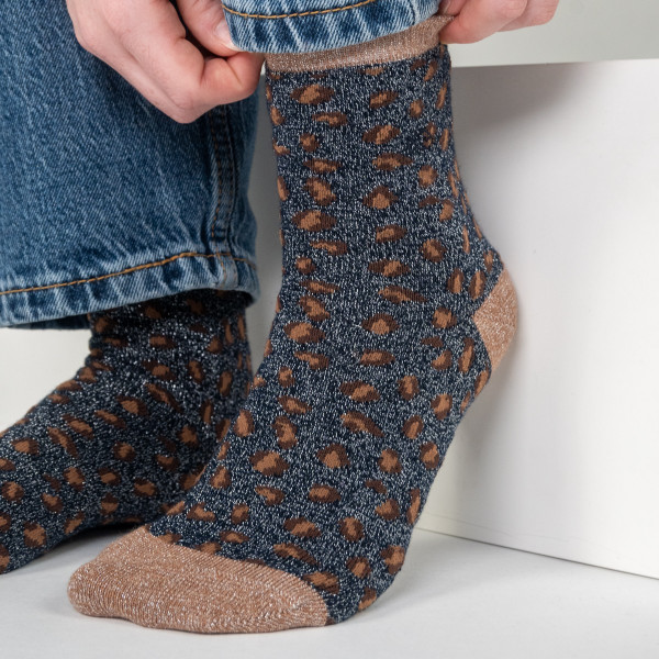 Chaussettes paillettes léopard marine/marron - Billybelt